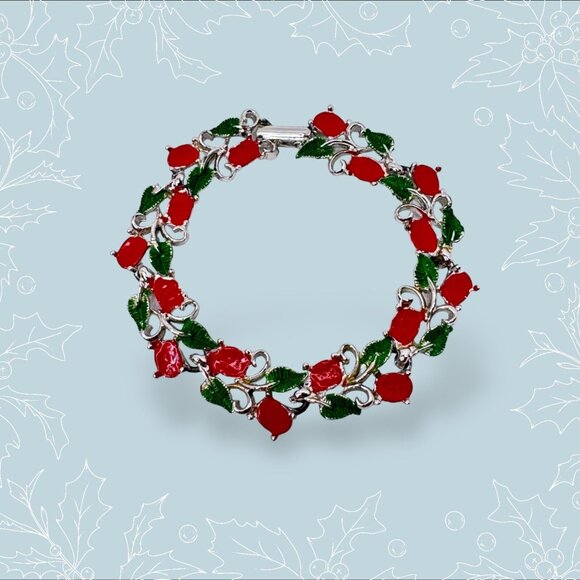 Christmas Holly Bracelet Red Green Silver Tone Metal Festive Winter Holidays - Picture 6 of 6